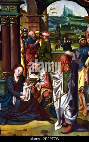 The Adoration of the Magi ( central Panel ) Nativity and Circumcision (Side Panels),  Jan van Doornik 1470-1527 ( Jan van Dornicke was a South Netherlandish painter  ) Dutch, The Netherlands, Trypich. Stock Photo