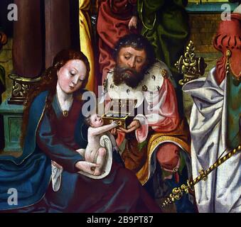 The Adoration of the Magi ( central Panel ) Nativity and Circumcision (Side Panels),  Jan van Doornik 1470-1527 ( Jan van Dornicke was a South Netherlandish painter  ) Dutch, The Netherlands, Trypich. Stock Photo