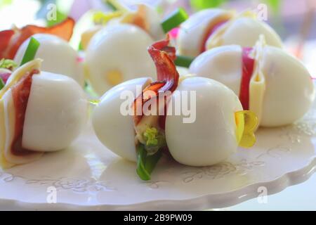 Keto . Hard boiled egg, radish , cheese and bacon sandwich . Stock Photo