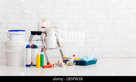 Painting accessories, equipment in empty room, panorama Stock Photo