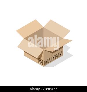 Layout of a miniature open box with a flat shadow for online shopping, delivery services, advertising, a supplier of goods. Isometric style. Stock Vector