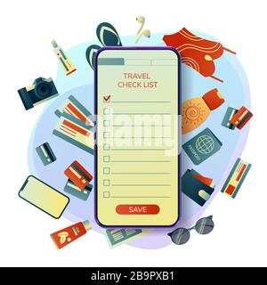 Collecting a suitcase on a trip: clothes, documents, equipment. Travel stuff. Planning a summer vacation, tourism. Colorful trendy illustration. Flat Stock Vector