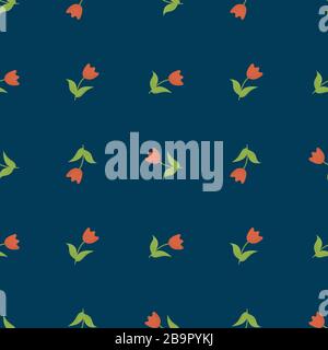 Red tulips on classic blue background. Vector cute floral seamless pattern. Stock Vector