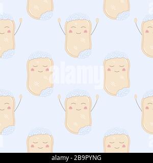 Seamless pattern with cute funny bars of soap offering hugs. Vector illustration of hygiene product with pretty smile and pink cheeks. Childish drawing for kids. Hand washing against viruses, bacteria Stock Vector