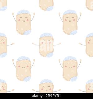 Seamless pattern with cute funny bars of soap offering hugs. Vector illustration of hygiene product with pretty smile and pink cheeks. Childish drawing for kids. Hand washing against viruses, bacteria Stock Vector