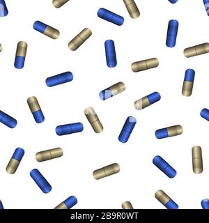 Blue pill capsules. Vector illustration. Medicament tablet. Seamless pattern background. Stock Vector