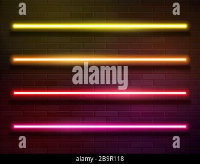 Modern Neon Iridescent Glowing Lines Banner on Dark Empty Grunge Brick Background Stock Vector