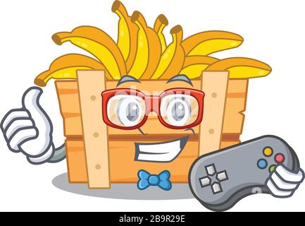 Cool gamer of banana fruit box mascot design style with controller Stock Vector