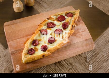 Traditional Turkish Pita Turk Pidesi Sucuk Pide.