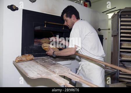 Jean-François Graf, organic baker, certified by Ecocert at work in his workshop in Mauguio, Occitanie France Stock Photo