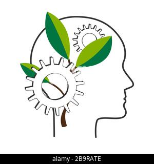 Personal development vector concept. NLP symbol, Natural Language Processing, mental growth idea. Human head with gears and tree Stock Vector