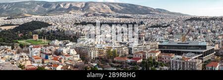 Athens, Greece - February 13, 2020. Panoramic view over the Athens city, taken from Acropolis Stock Photo