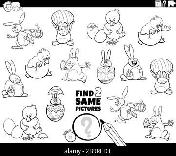 Black and White Cartoon Illustration of Finding Two Same Pictures Educational Task for Children with Easter Bunnies and Chicks Characters Coloring Boo Stock Vector
