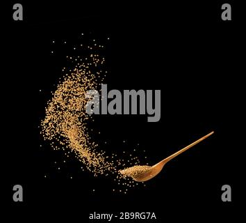 Zero gravity food concept. Mustard seeds splashing out of spoon isolated on black background Stock Photo