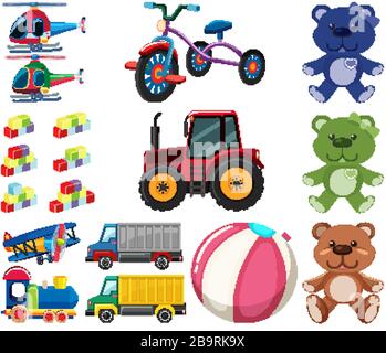 Large set different toys on white background illustration Stock Vector