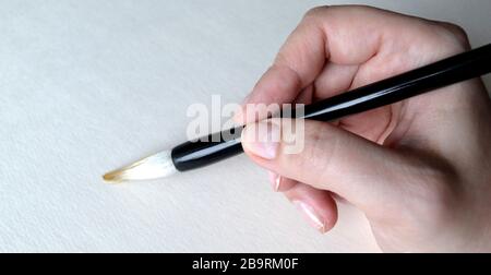 Brush in hand for drawing on white Stock Photo
