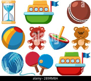 Large set different toys on white background illustration Stock Vector