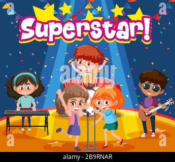 Font design for word superstar with kids on the stage illustration Stock Vector