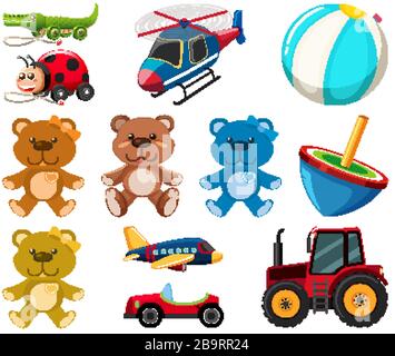 Large set different toys on white background illustration Stock Vector