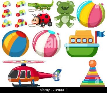 Large set different toys on white background illustration Stock Vector