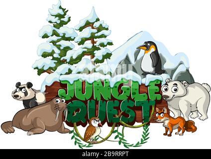 Font design for word jungle quest with animals in the snow illustration Stock Vector