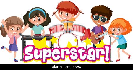 Font design template for word superstar with kids playing in band illustration Stock Vector