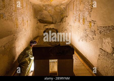 Luxor, Gouvernment al-Uqsur/Egypt - December 9, 2018: Kings Valley in Luxor, Upper Egypt in the early morning. Interior views of graves, wall painting Stock Photo