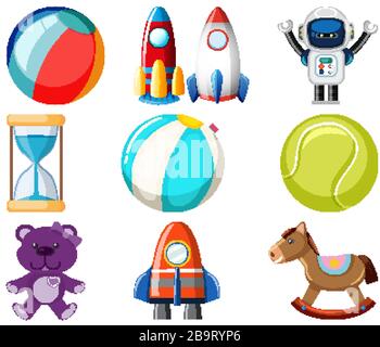 Large set different toys on white background illustration Stock Vector