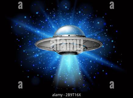 Scene with spaceship flying in the dark galaxy illustration Stock ...