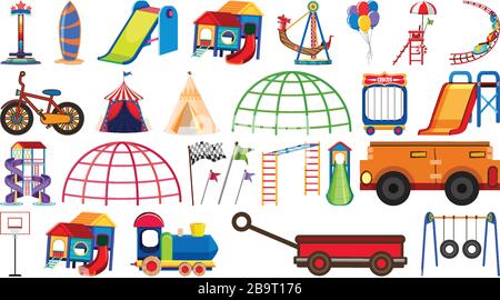 Big set of different play stations and transportations on white background illustration Stock Vector