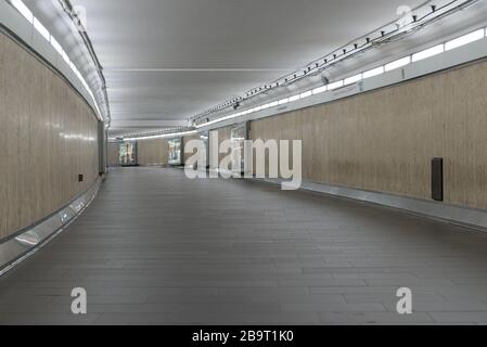 ROME, ITALY - 12 March 2020:  The metro galleries of Flaminio stop look eerie without the usual commuters in Rome, Italy. In the coronavirus pandemic, Stock Photo