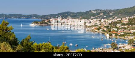 Skiathos island Greece port harbor city overview town panoramic view banner landscape Mediterranean Sea travel traveling