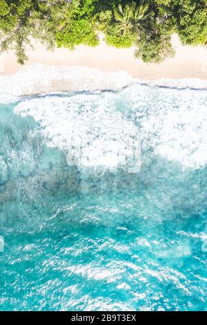 Seychelles Takamaka beach Mahé Mahe portrait format vacation paradise ocean drone view aerial photo photography Stock Photo