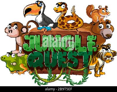 Font design for word jungle quest on white background illustration Stock Vector