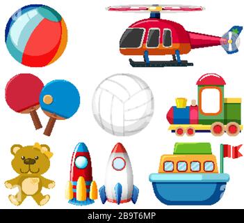 Large set different toys on white background illustration Stock Vector