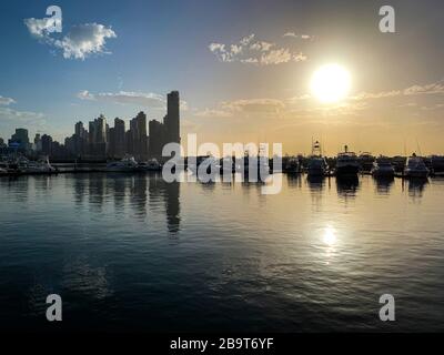 Panama, Central America / 01-13-2020 /Panama City skyline at Cinta Costera area as seen from the coastal trail near the Casco Viejo/Old quarter. Stock Photo