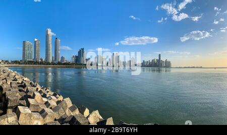 Panama, Central America / 01-13-2020 /Panama City skyline at Cinta Costera area as seen from the coastal trail near the Casco Viejo/Old quarter. Stock Photo