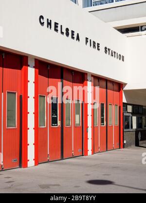 Red doors of Chelsea Fire Station, 264 King's Road, Kensington and Chelsea, London, opened on 3 March 1965. Stock Photo