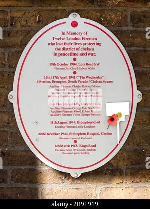 Plaque outside Chelsea Fire Station, 264 King's Road, Kensington and Chelsea, London, opened on 3 March 1965; remembering firefighters who died. Stock Photo