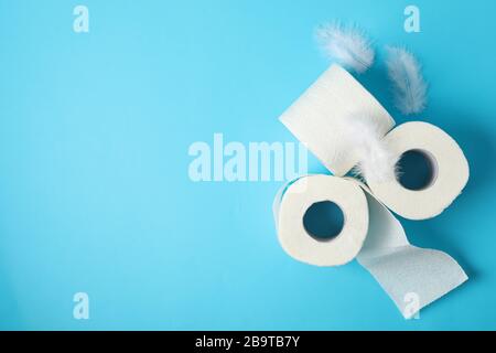 Toilet paper and feathers on blue background, space for text Stock Photo