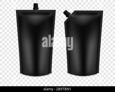 Realistic 3D Black Blank Doy Pack Mock up set. Vector Doypack Template Packing with screw cap. Stock Vector