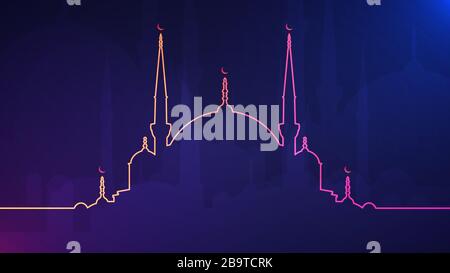 Eid Mubarak background. Vector illustration of abstract light background with glowing neon colored mosque silhouette Stock Vector