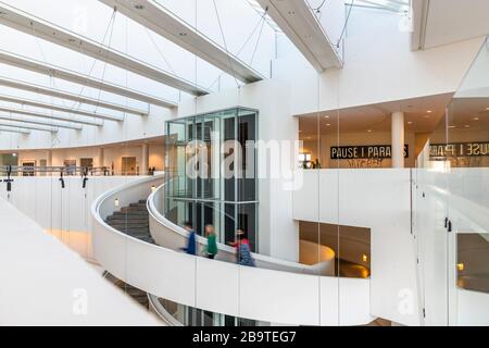 Inside the ARoS art gallery in Aarhus, Denmark. Designed by architects Schmidt Hammer Lassen. Galleries are accessed via a central spiral staircase. Stock Photo