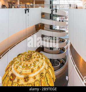 Inside the ARoS art gallery in Aarhus, Denmark. Designed by architects Schmidt Hammer Lassen. Galleries are accessed via a central spiral staircase. Stock Photo