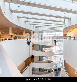 Inside the ARoS art gallery in Aarhus, Denmark. Designed by architects Schmidt Hammer Lassen. Galleries are accessed via a central spiral staircase. Stock Photo