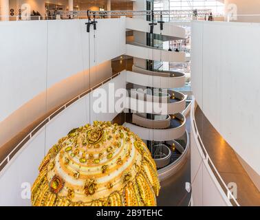Inside the ARoS art gallery in Aarhus, Denmark. Designed by architects Schmidt Hammer Lassen. Galleries are accessed via a central spiral staircase. Stock Photo
