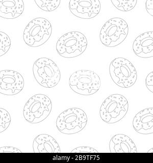 cartoon stylized delicious mouthwatering little glazed doughnuts with sweet Doodle decor , isolated, seamless vector black and white pattern on a whit Stock Vector