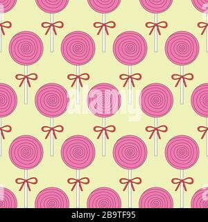Cute pink candy and lolipop seamless pattern on a yellow background. Vector illustration. Stock Vector
