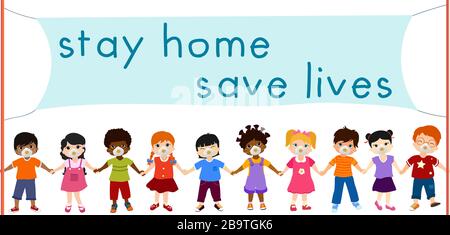 Isolated group multiethnic children and diverse cultures with medical mask holding up a banner saying "stay home-save lives". Quarantine coronavirus i Stock Vector