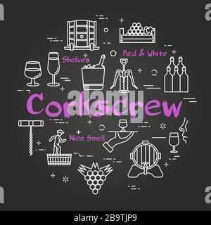Vector black concept of winemaking with text Corkscrew Stock Vector
